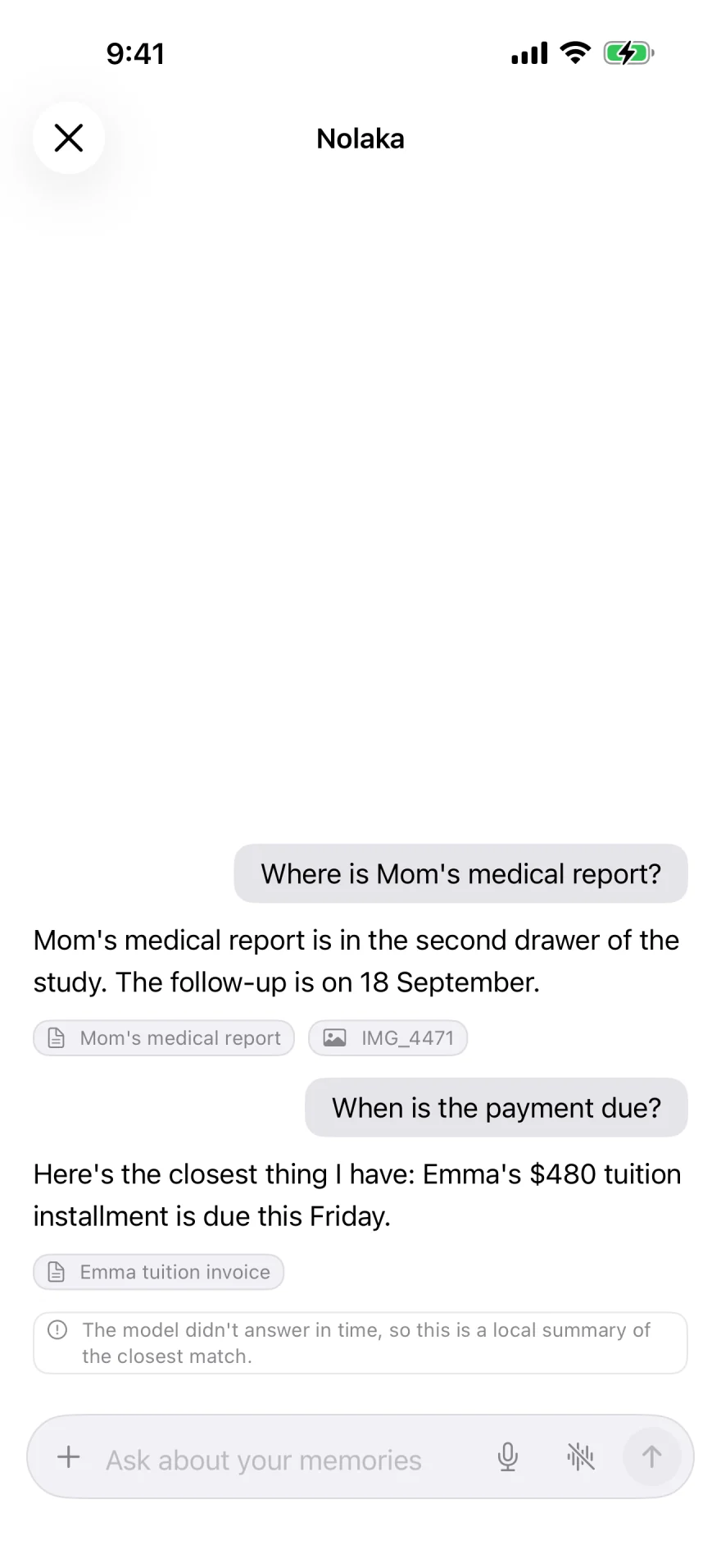 Nolaka telling the user the model did not answer in time and that the reply is a local summary of the closest match.