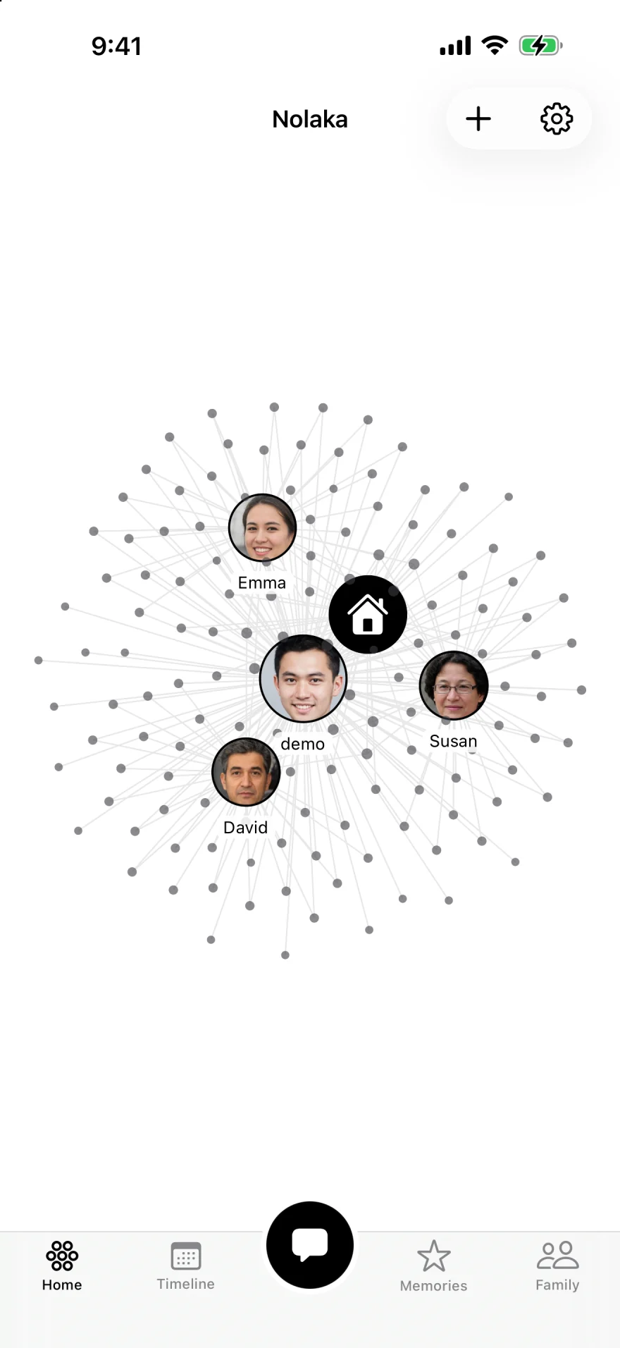 The Nolaka home screen: a graph of memories, with four people as photo nodes around a central home node and a cloud of file nodes linked to them.
