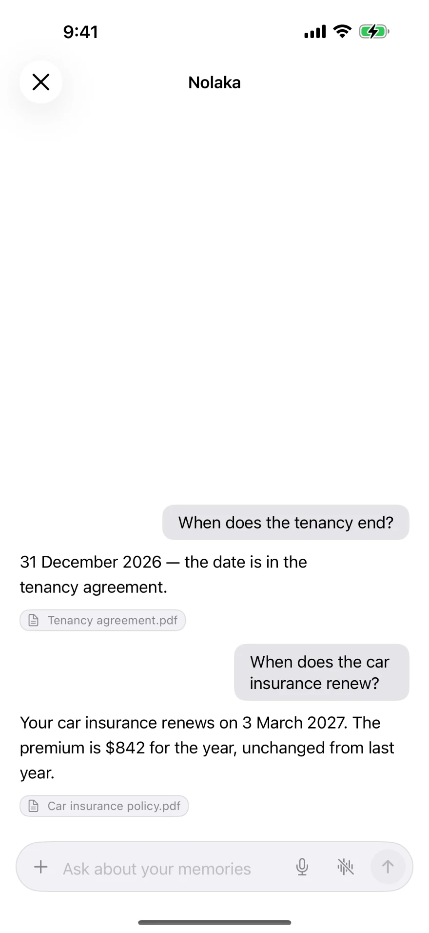Nolaka answering when the car insurance renews &mdash; the reply gives the renewal date and the premium, with a source chip below it reading Car insurance policy.pdf.
