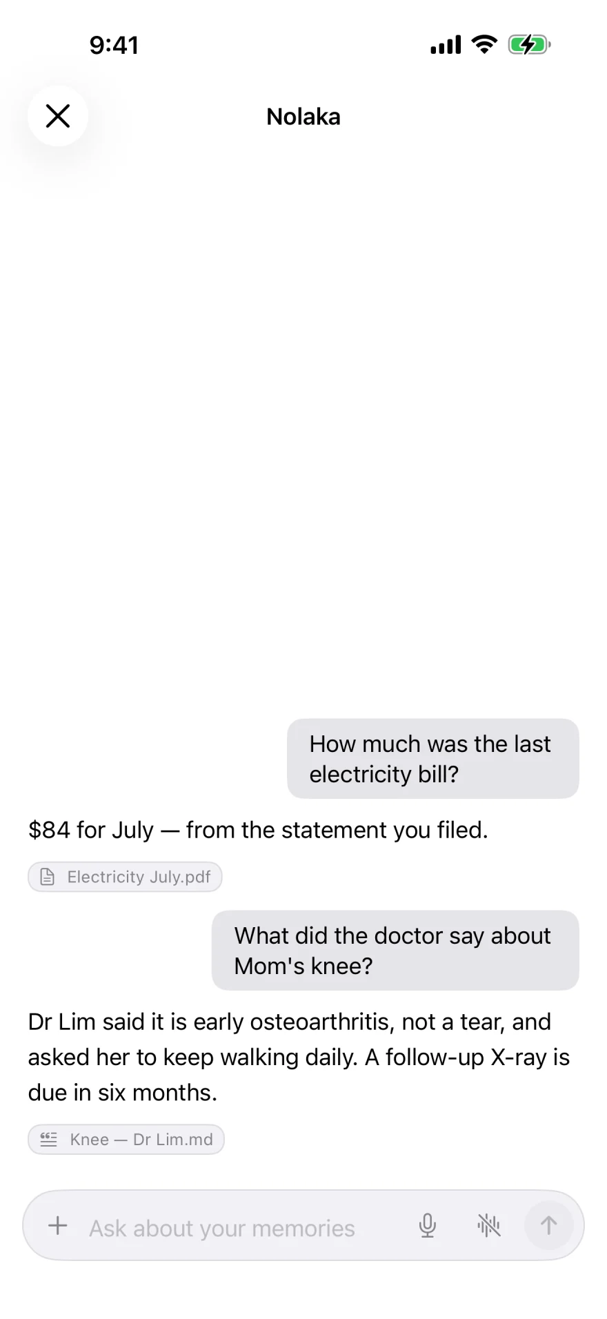 Nolaka answering what the doctor said about Mom&rsquo;s knee &mdash; the reply summarises the diagnosis and the follow-up, with a source chip below it reading Knee &mdash; Dr Lim.md.