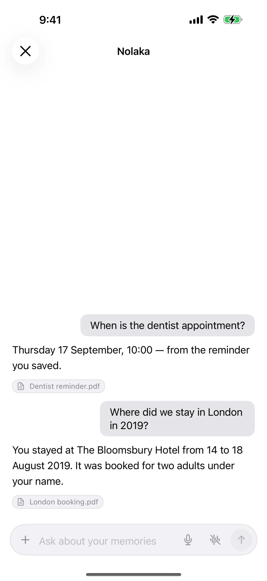 Nolaka answering &ldquo;Where did we stay in London in 2019?&rdquo; &mdash; the reply names the hotel and the dates, with a source chip below it reading London booking.pdf.