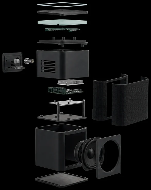 Exploded render of the Nolaka Station laid out for a tall screen: the seven parts separated along the vertical axis, with the microphone power switch beside the upper shell and the two knit wrap panels to its right.