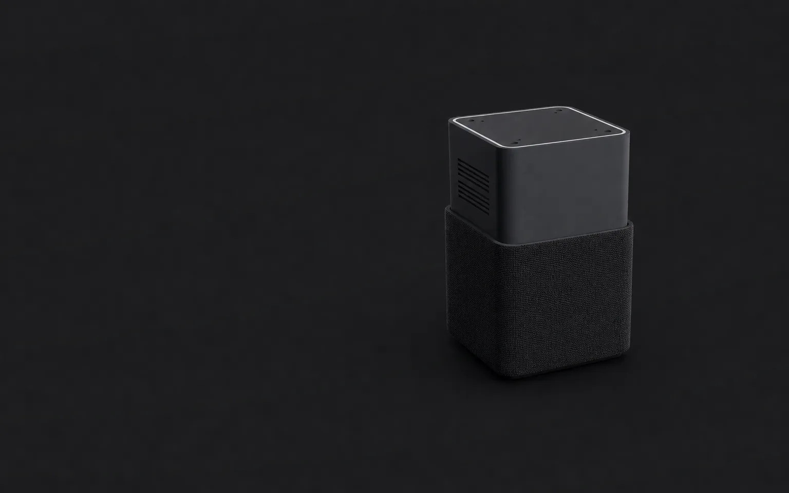 AI-generated concept render of the Nolaka Station, built on our CAD — a high three-quarter view against a near-black ground, the unit small and alone on the right side of the frame, its top edge catching a thin line of light.