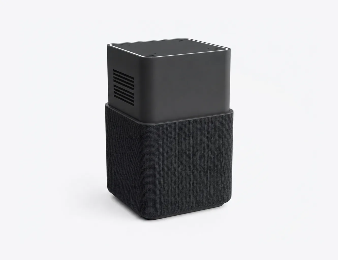 AI-generated concept render of the Nolaka Station, built on our CAD — a three-quarter view from the front left, the matte upper shell with its side vent slots sitting above a knit wrap that covers the lower half on every side.