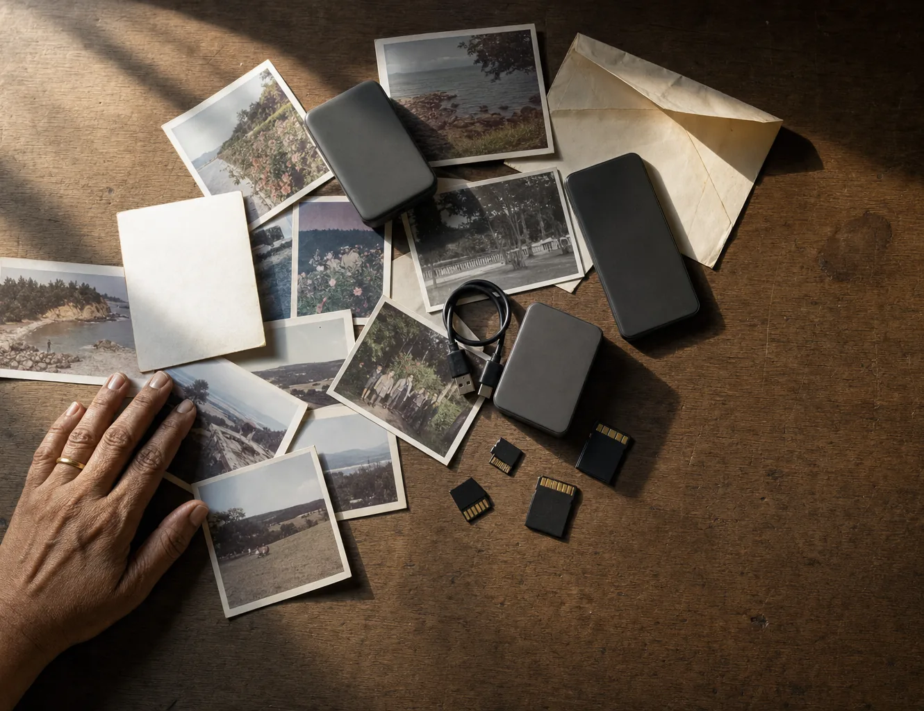AI-generated illustration: old printed photographs, two portable hard drives, a phone, four memory cards and a worn envelope spread across a dark wooden table, one hand resting at the edge of the pile.