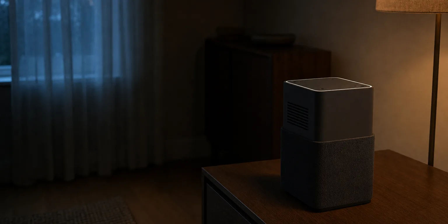 AI-generated concept render of the Nolaka Station, built on our CAD — standing on a wooden sideboard in a dim living room at dusk, a floor lamp lit to its right and a curtained window behind. The room is imagined too; no unit has been built.