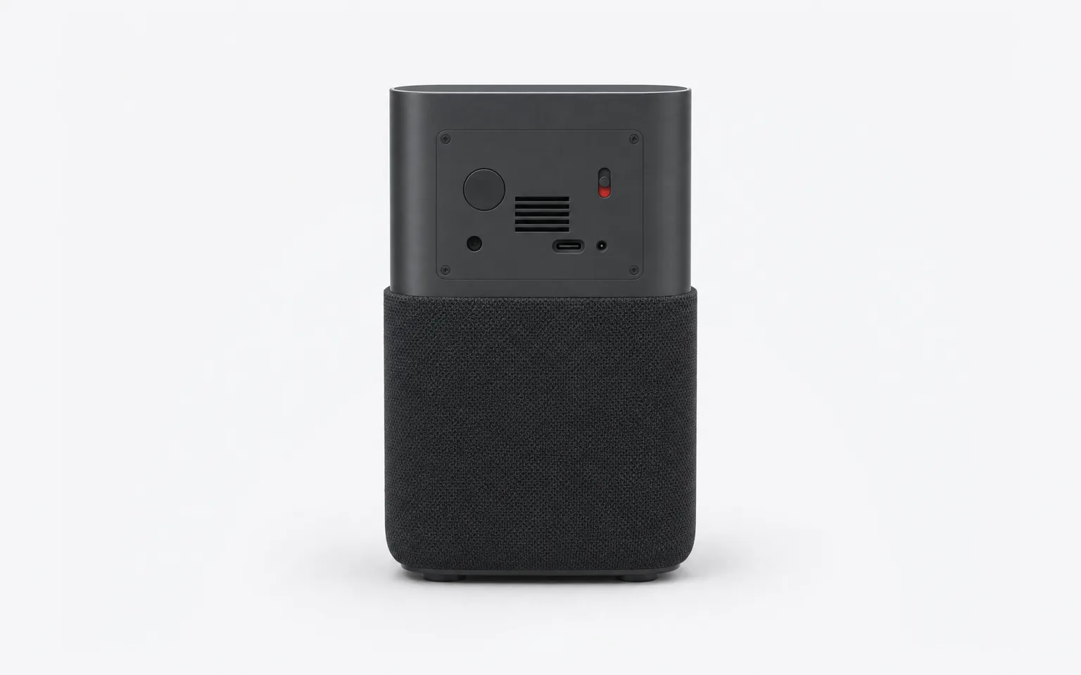 AI-generated concept render of the Nolaka Station, built on our CAD — the back panel, straight on: a round speaker port, a vent grille, a USB-C socket, a pairing button and the red microphone switch.