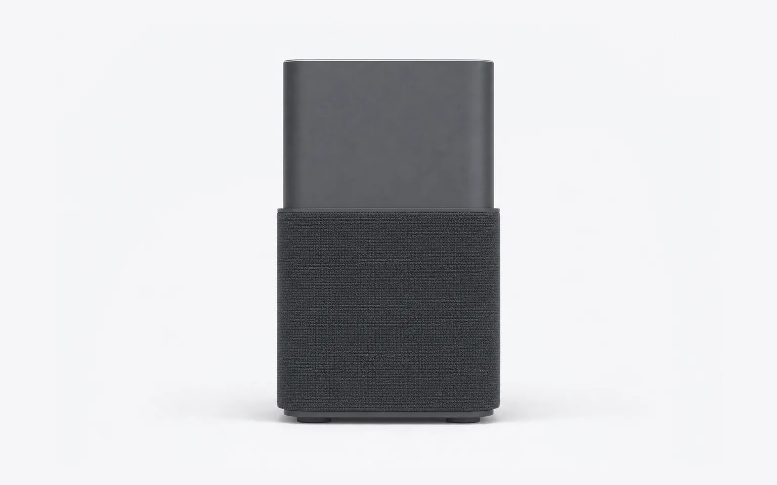 AI-generated concept render of the Nolaka Station, built on our CAD — the front, straight on: a plain matte face above the knit wrap, with no controls anywhere on it.