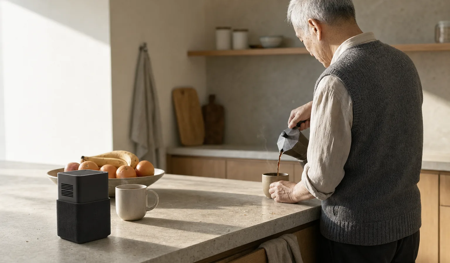AI-generated concept image: an older man pouring coffee at a kitchen counter in the morning, the Nolaka Station standing on the same counter beside a bowl of fruit. No unit has been built.