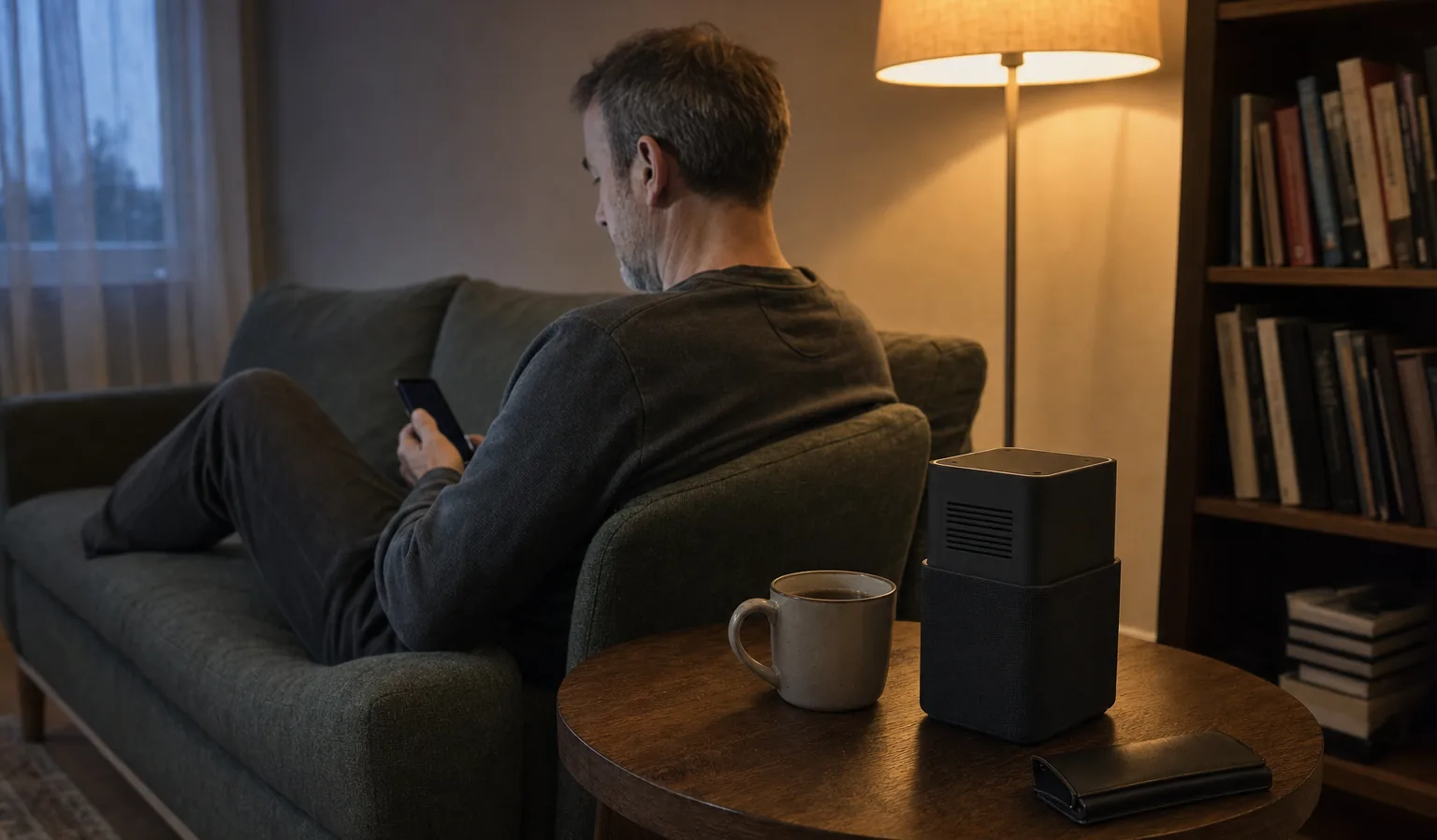 AI-generated concept image: a man on a sofa at night reading his phone, the Nolaka Station standing on the round wooden side table beside him next to a mug, a floor lamp lit behind. No unit has been built.