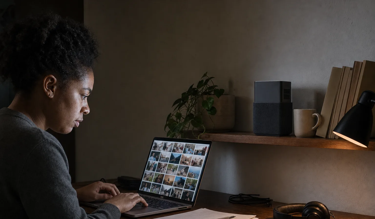 AI-generated concept image: a woman at a desk in the evening working on a laptop that shows a grid of photographs, the Nolaka Station on the shelf above beside a plant and a row of books. No unit has been built.