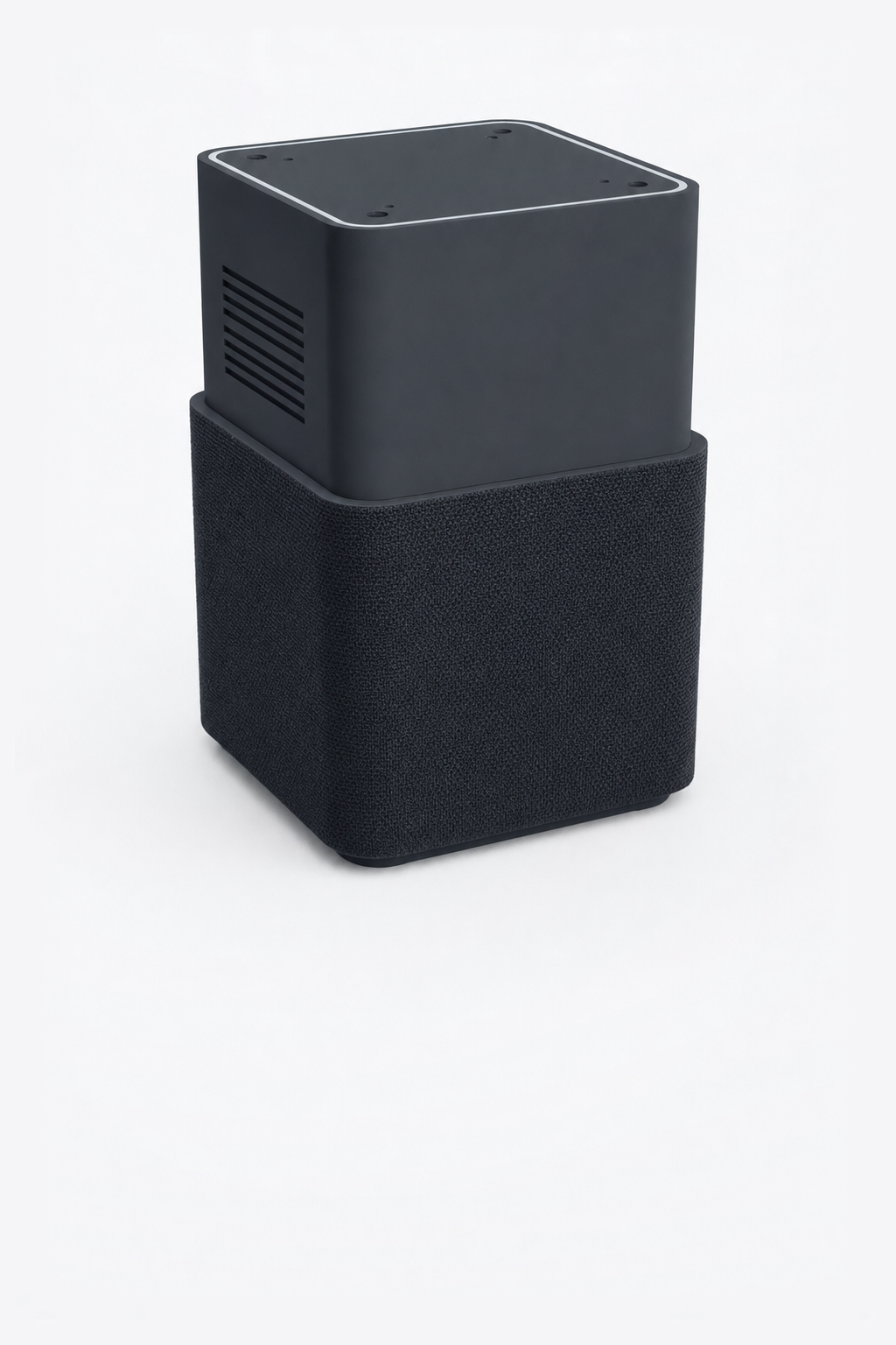 AI-generated concept render of the Nolaka Station: a small matte charcoal rounded-square tower, its lower half wrapped all the way round in dark acoustic knit fabric, with a hairline light seam tracing the top edge.